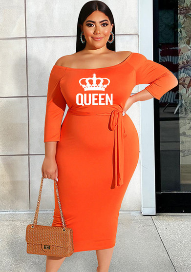 Plus Size Women Off Shoulder Crown Print Lace-Up Dress