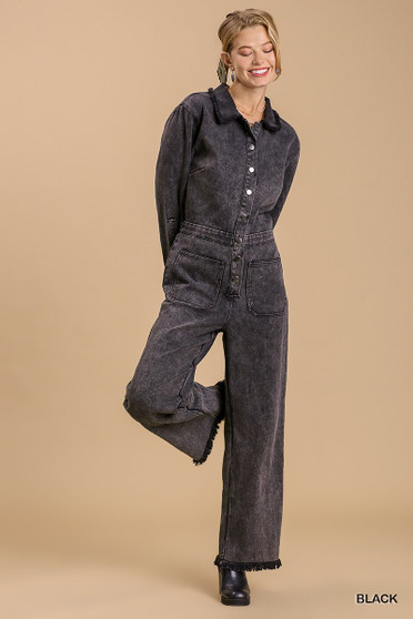 Mid Button Down Stone Wash Wide Leg Distressed Jumpsuit & Side Pockets With No Lining​