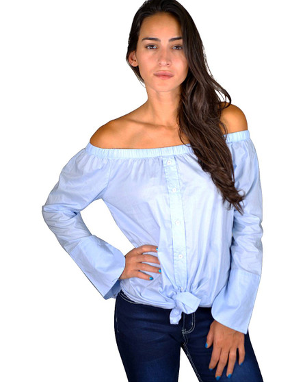 Ladies Fashion Elasticized Off-The Should Neckline. Long Sleeves W/Faux Buttons. And A Self-Tie At The Front Hem