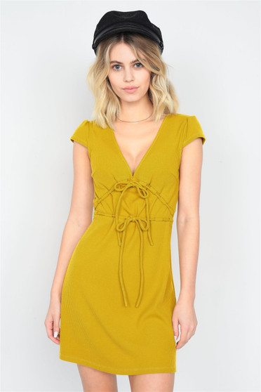 Mustard Ribbed V-Neck Cap Sleeve Mini Solid Casual Dress
