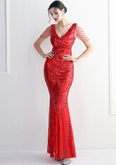 WomenElegant Sequins V Neck Evening Dress