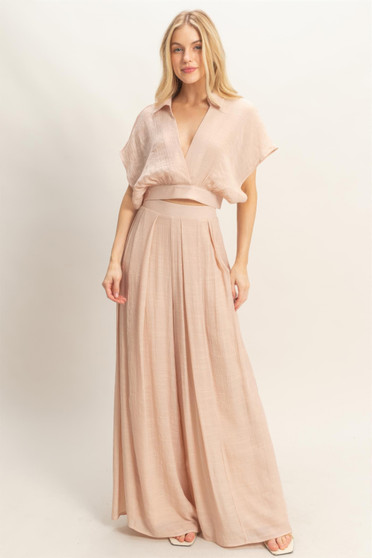 Collared Wrap Top & Wide-Leg Pants Set