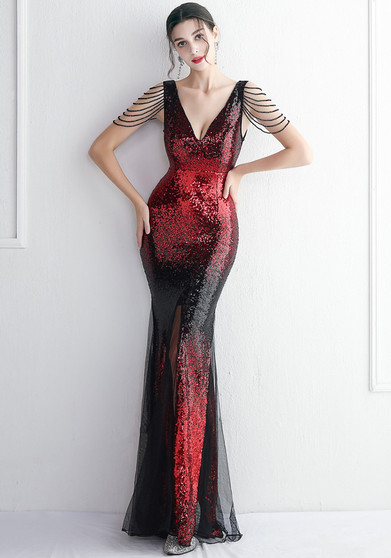 WomenElegant Gradient Sequins V Neck Evening Dress