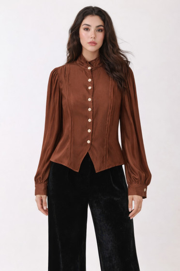 Elegant Satin-Finish Victorian Button-Up Top​
