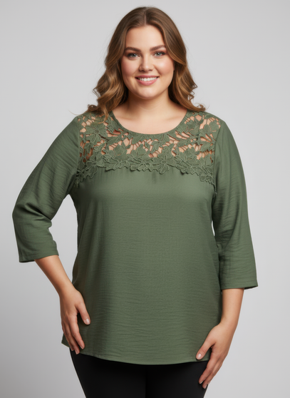 Lace Yoke Three-Quarter Sleeve Knit Top​