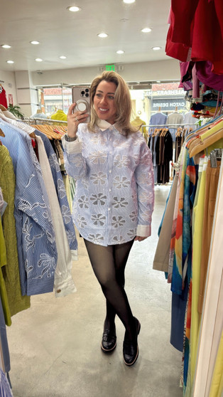 Striped Shirt Botanical Cut Out Stitching Sequin Detail