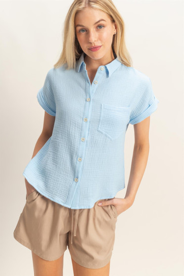 Rolled Sleeve Button-Up Top​