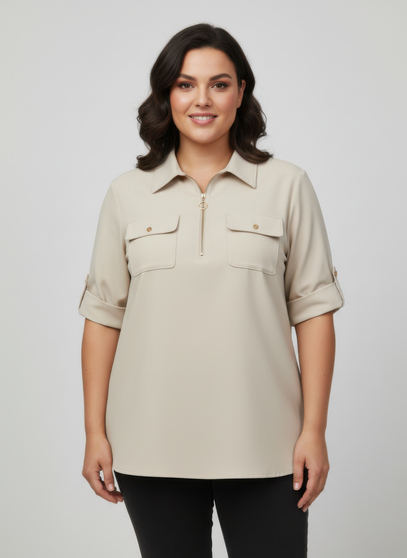 Zip Front Utility Pocket Tunic Blouse​