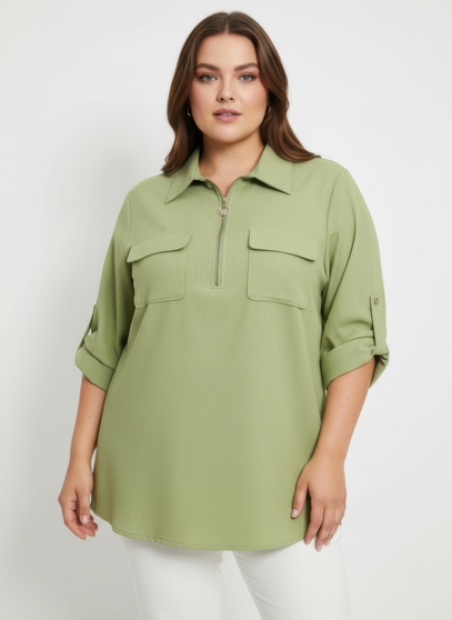 Zip Front Utility Pocket Tunic Blouse​​
