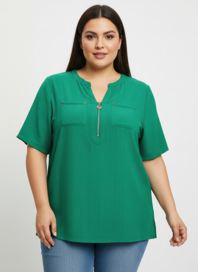 Zip-Front Utility Pocket Knit Top​​