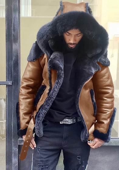 Winter Men'S Pu Leather Wool One-Piece Short Coat Hooded Men'S Jacket