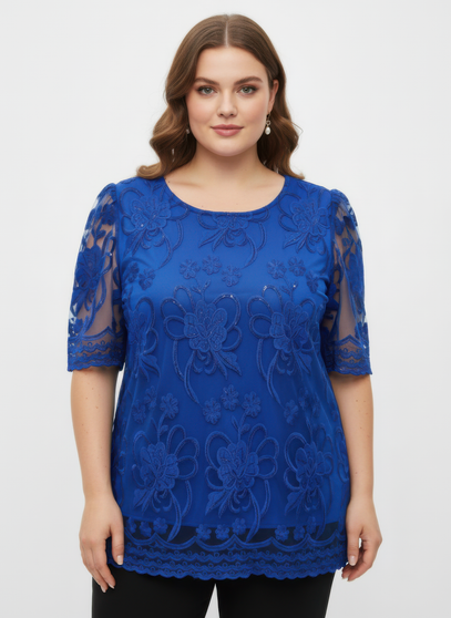 Embroidered Lace Overlay Short Sleeve Top