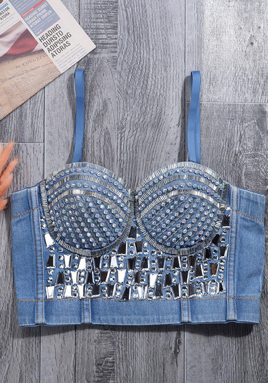 Beaded Fitted Camisoles Fashion Outdoor Wear Lingerie Stage Costumes Beaded Denim Corsets