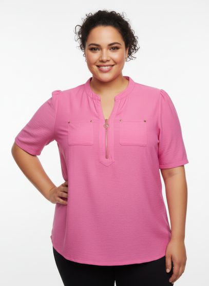 Zip-Front Utility Pocket Knit Top​