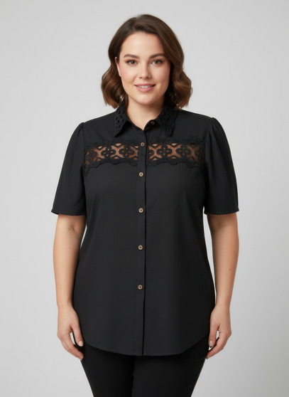 Lace Panel Button-Front Collared Blouse