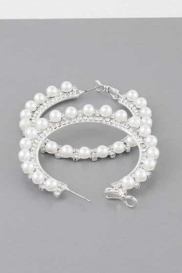 Pearl Lined Rhinestone Hoop Earrings