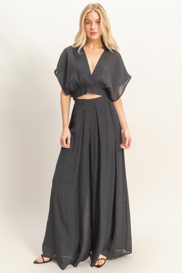 Collared Wrap Top & Wide-Leg Pants Set​​