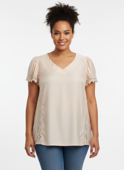 Lace Trim V-Neck Short Sleeve Knit Top​​