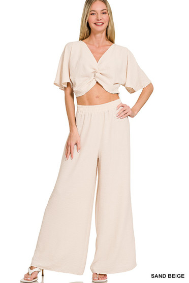 Zenana Woven Airflow Twisted Top & Wide Leg Pants Set