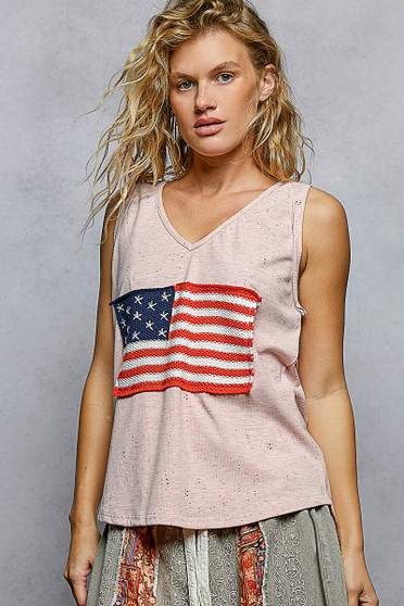 POL V-Neck Ribbed Tank with American Flag Patch and Star Back Patch