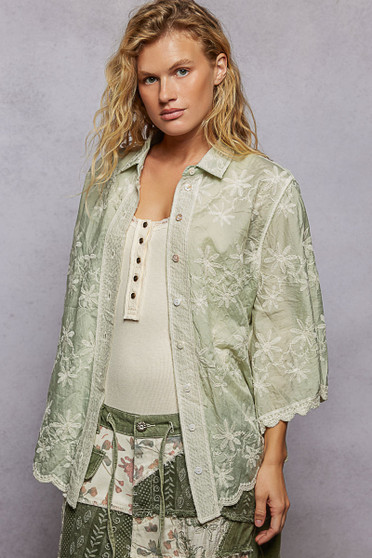 POL Embroidered Floral Collared Neck Shirt with Scalloped Edges