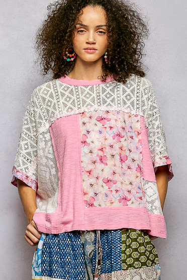 POL Floral Patchwork Lace Accent Blouse