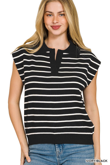 Zenana Viscose Striped Collared Sweater Vest