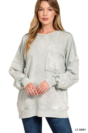 Zenana Halo Washed French Terry Exposed-seam Sweatshirt