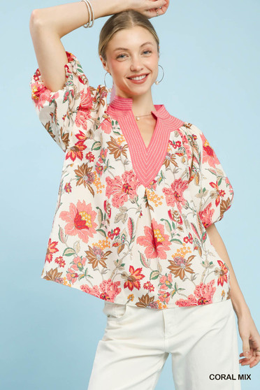 Umgee Mix Floral Puff Sleeve Blouse