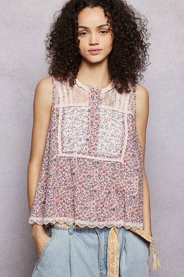 POL Printed Woven Lace Back Round Neck Sleeveless Top