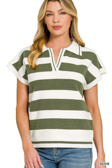 Zenana Striped Collared Short Sleeve Sweater