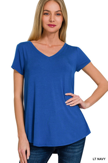 Zenana Rayon Short Sleeve V-neck Round Hem Top