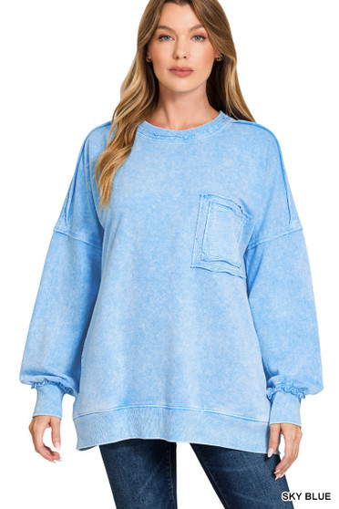 Zenana Halo Washed French Terry Exposed-seam Sweatshirt