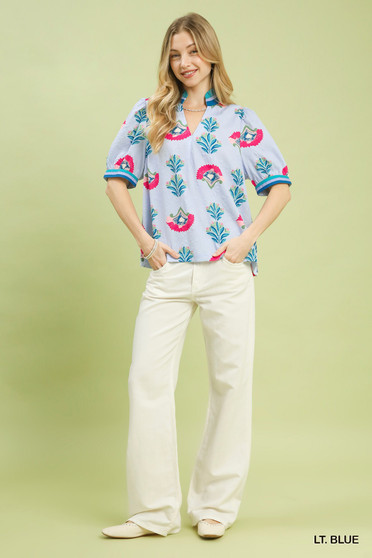 Umgee Print Puff Sleeve Blouse with Contrast Trim