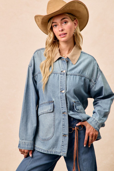 BiBi Washed Denim Jacket with Contrast Collar Detail