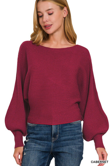 Zenana Boat Neck Balloon Sleeve Sweater