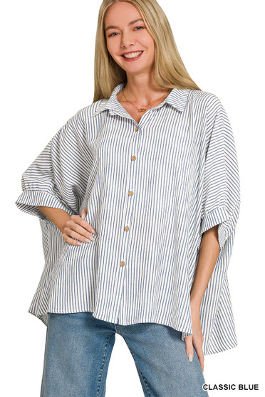 Zenana Woven Stripe Button Down Boxy Shirt