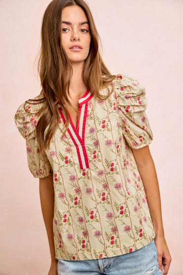 BiBi Floral Gather Sleeves Contrast Neckband Blouse Top