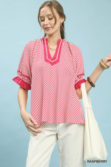Umgee Stripe Ruffle Sleeve Split-Neck Blouse