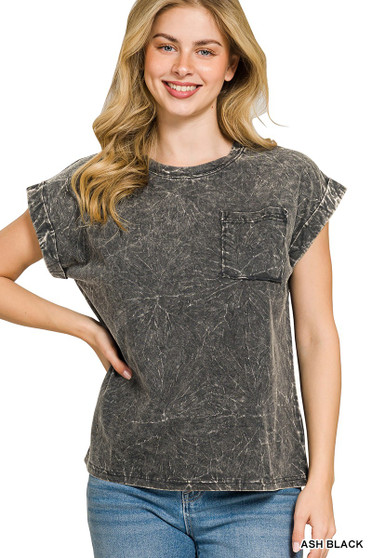 Zenana Full Size Crinkle Washed Round Neck Folded Short Sleeve Tee Plus Size