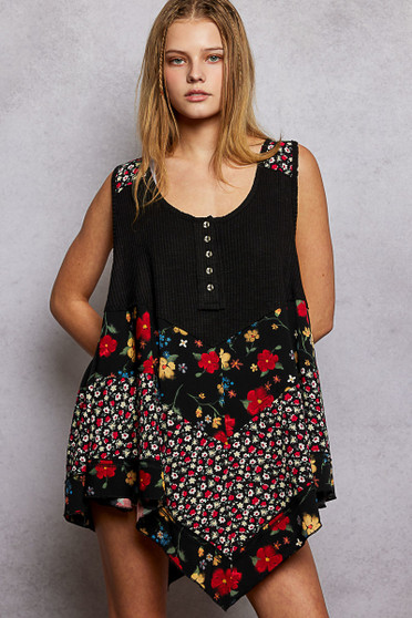 POL Round Neck Ribbed Tank with Woven Print Patch