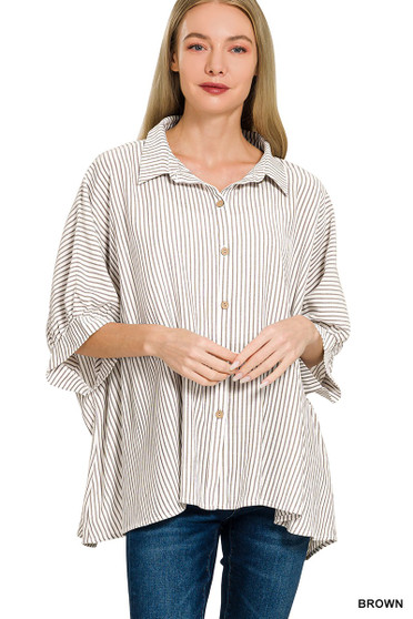 Zenana Woven Stripe Button Down Boxy Shirt
