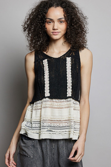 POL V-Neck Crochet Sweater Vest with Lace Trim