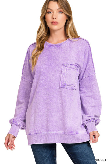 Zenana Halo Washed French Terry Exposed-seam Sweatshirt