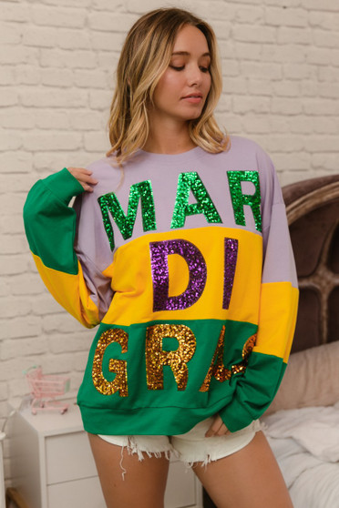 BiBi Sequin Mardi Gras Lettering Color Block Sweatshirt