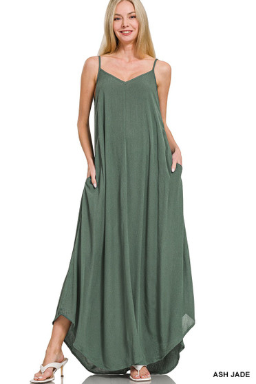 Zenana Woven Crinkle Cami Maxi Dress with Side Pockets