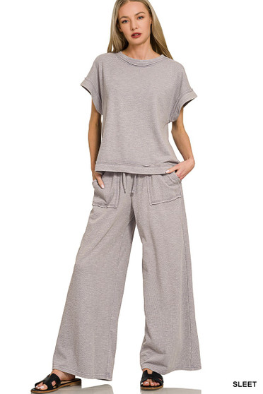 Zenana Washed Slub Short Sleeve Tee & Long Pants Set