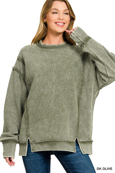 Zenana Acid Washed Double Ribbed Exposed-Seam Sweatshirt
