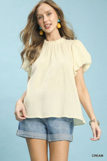 Umgee Textured Gauze Ruffle Neck Boho Top