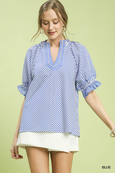 Umgee Stripe Ruffle Sleeve Split-Neck Blouse